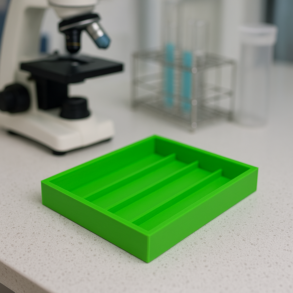 Empty green tissue cassette rack on a lab bench next to a microscope