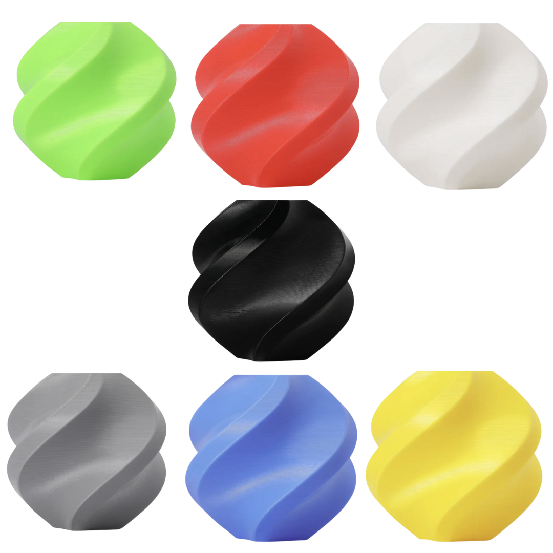 Filament color samples in light green, red, white, black, gray, blue and yellow