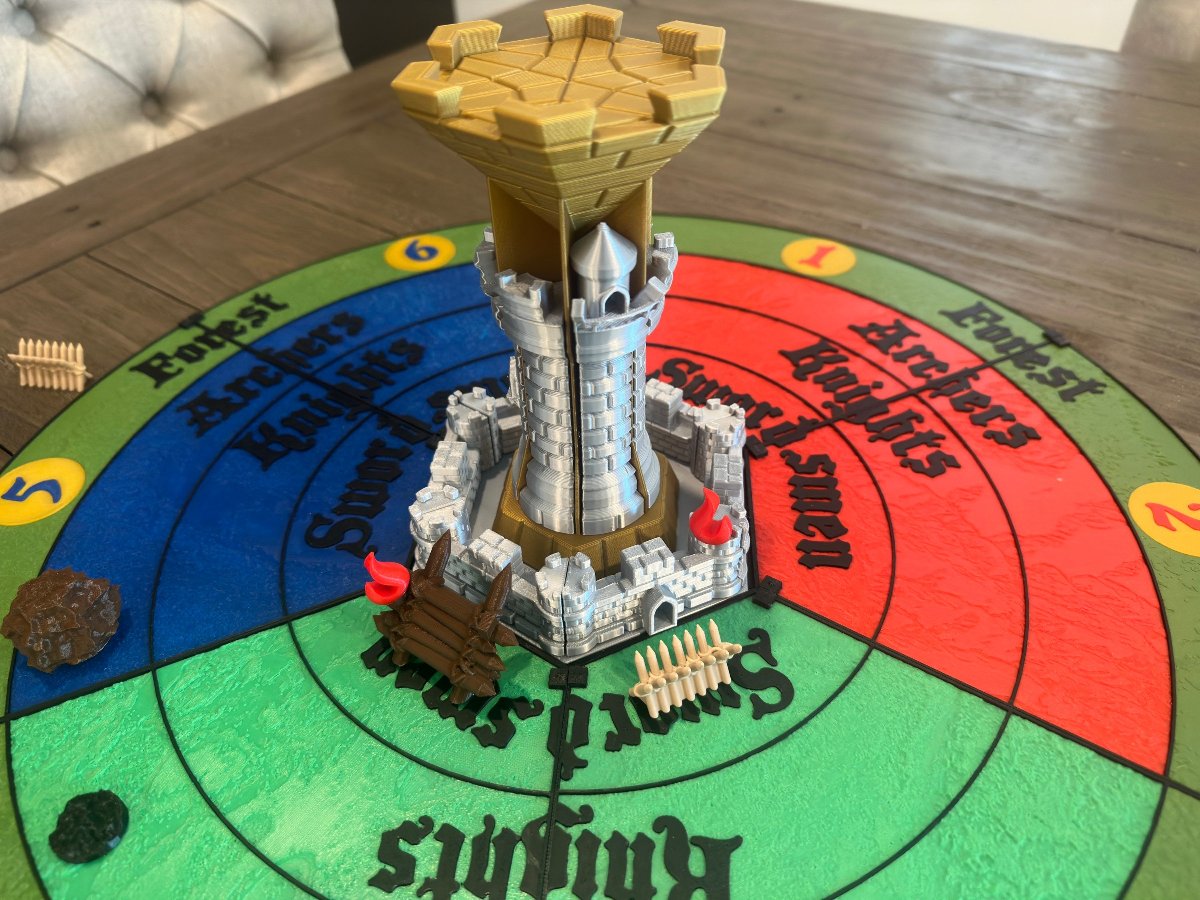 Gray and gold Castle Panic keep with towers in the center of the round game board
