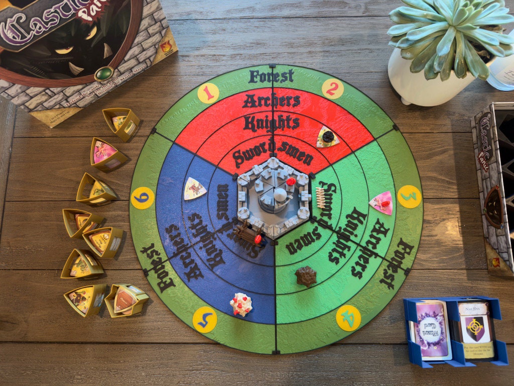 Round Castle Panic replacement board divided into red, blue and green sections with raised labels